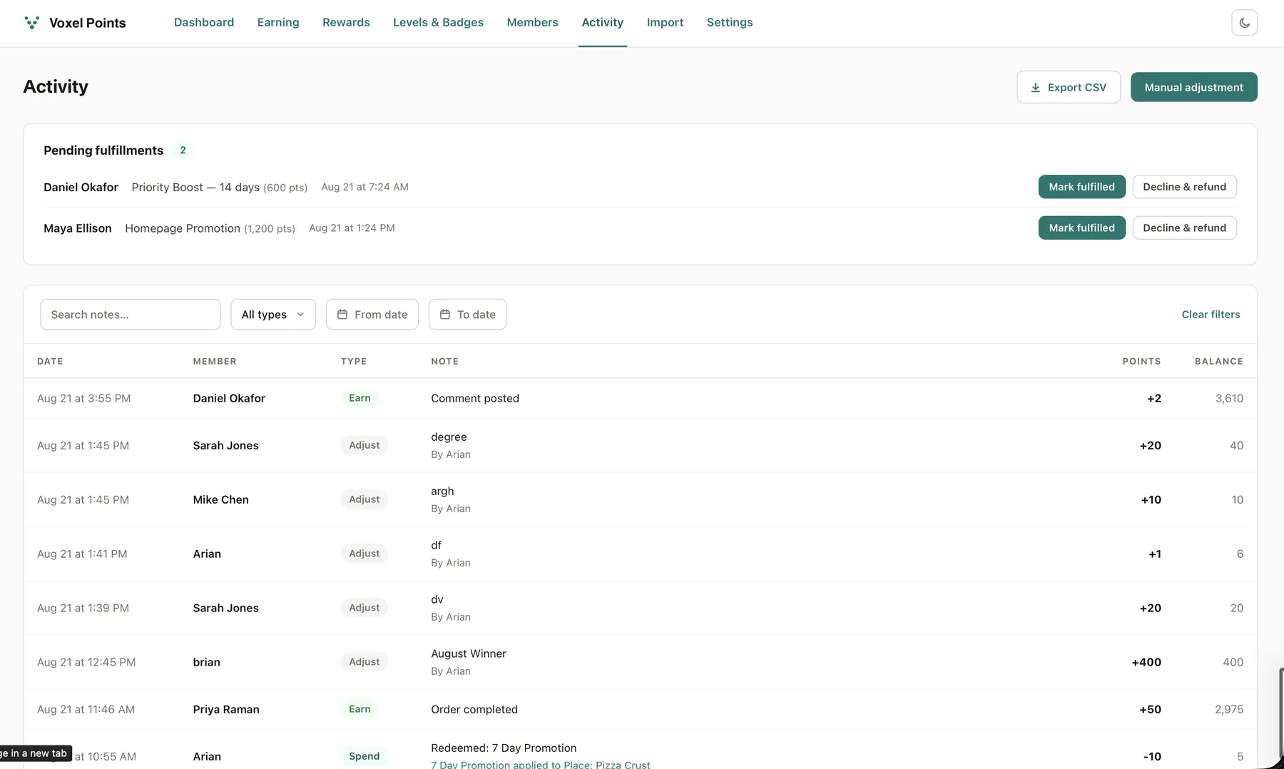 The Activity screen, with the pending fulfilment queue