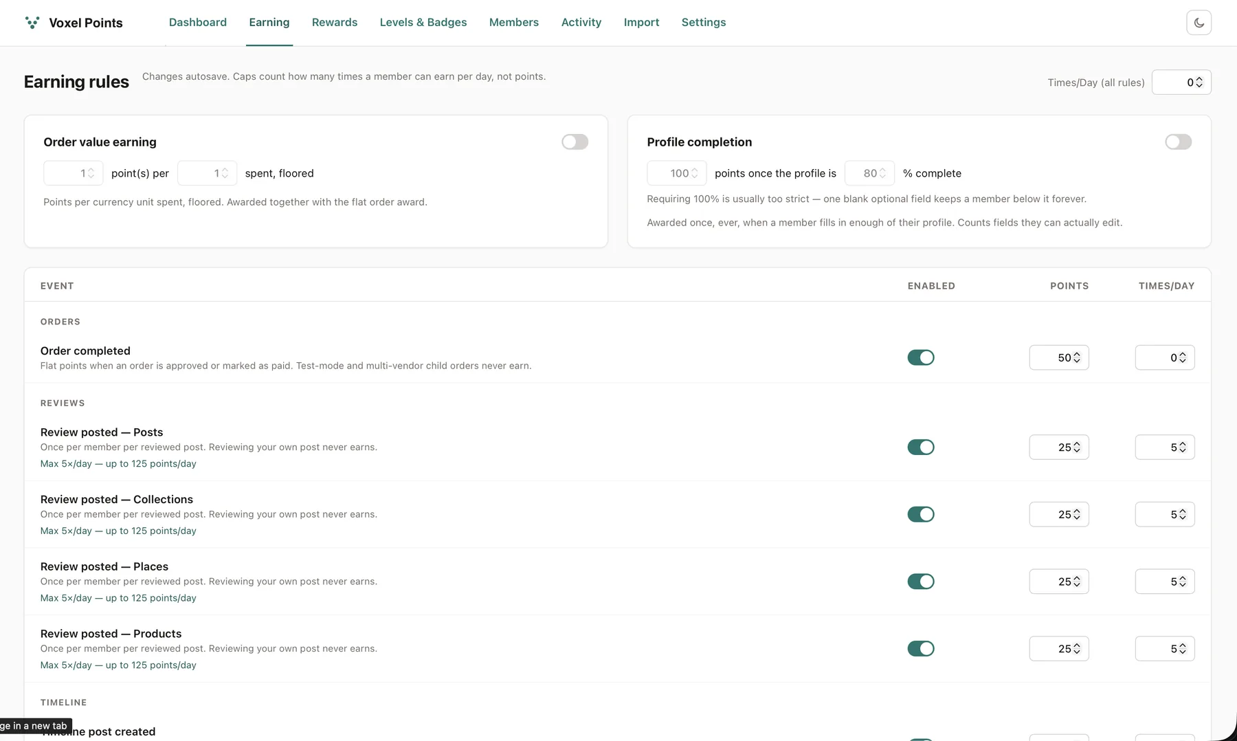 The Earning rules screen