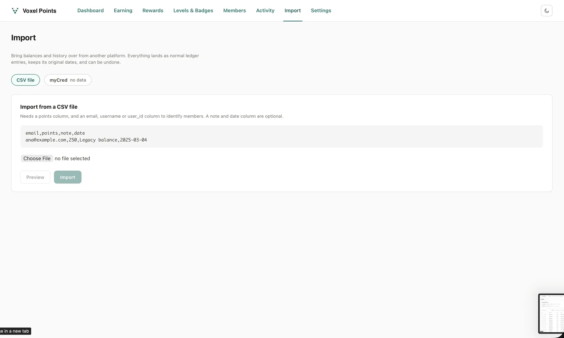 The Import screen