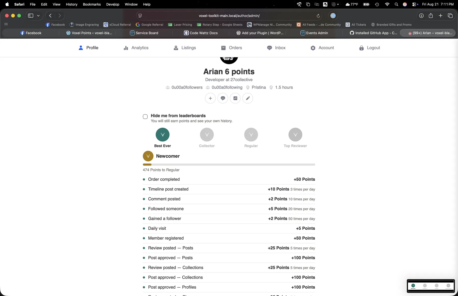 Voxel Points widgets on a member profile