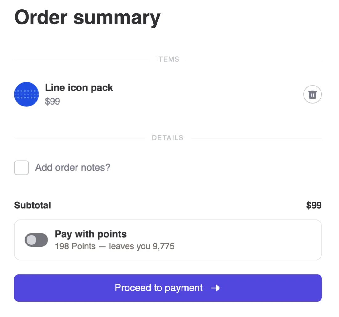 The Pay with points toggle inside Voxel's Cart Summary, above the checkout button