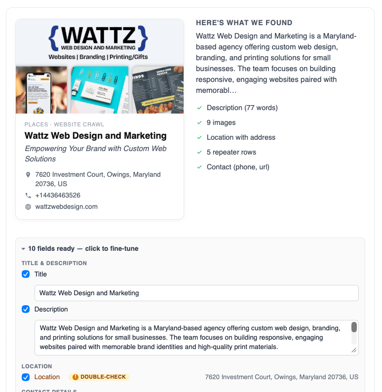 The AI Autofill preview: extracted business details on the left, a summary of what was found on the right, and an expandable checklist of ready fields below