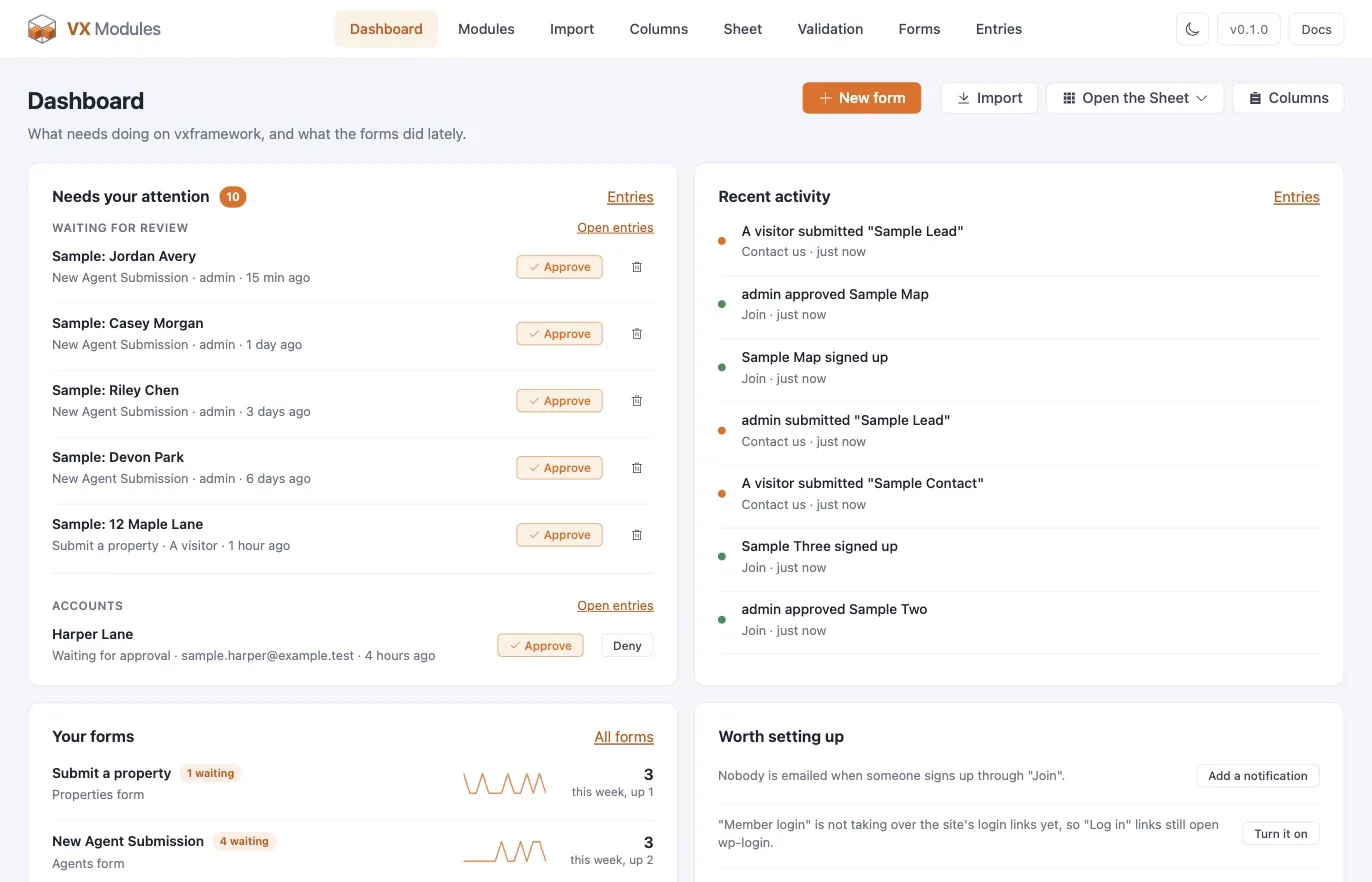 The dashboard — what needs review, recent activity, per-form numbers, and setup nudges