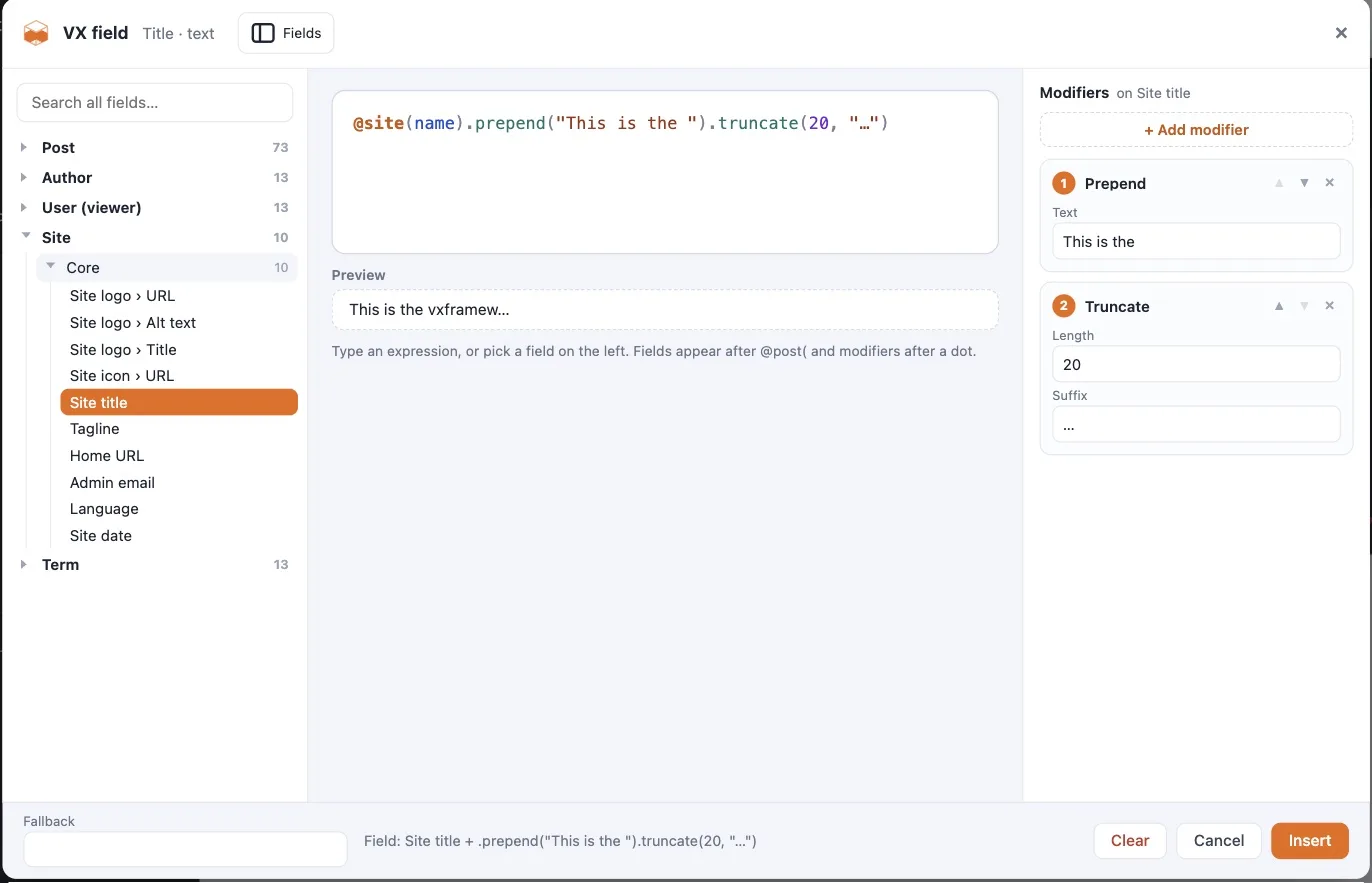 The VX picker in Elementor — a field tree, an expression with modifiers, and a live preview