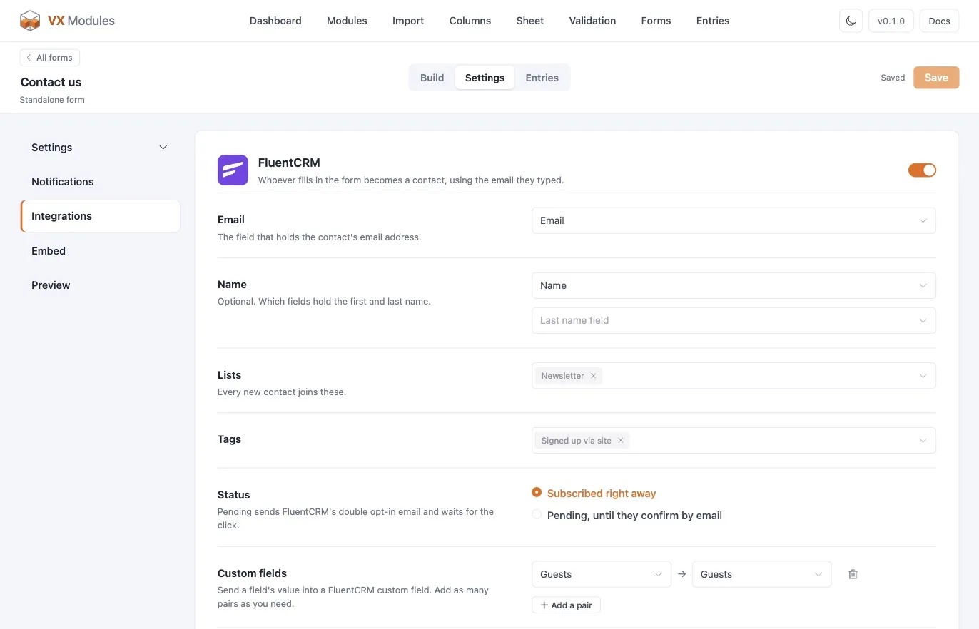 A form's Integrations page — FluentCRM on, with the email field, lists, tags, status, and custom field pairs