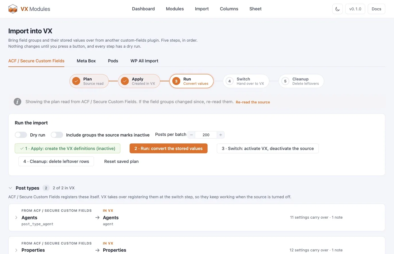 The Import screen — the plan for moving ACF field groups into VX