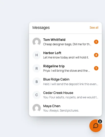 The dock: the launcher with an unread count, and the conversation list open above it