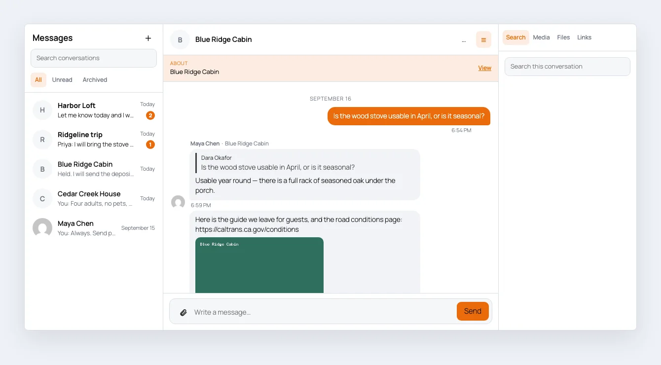 The messenger: conversations on the left, the open conversation in the middle, and its files, links and search on the right