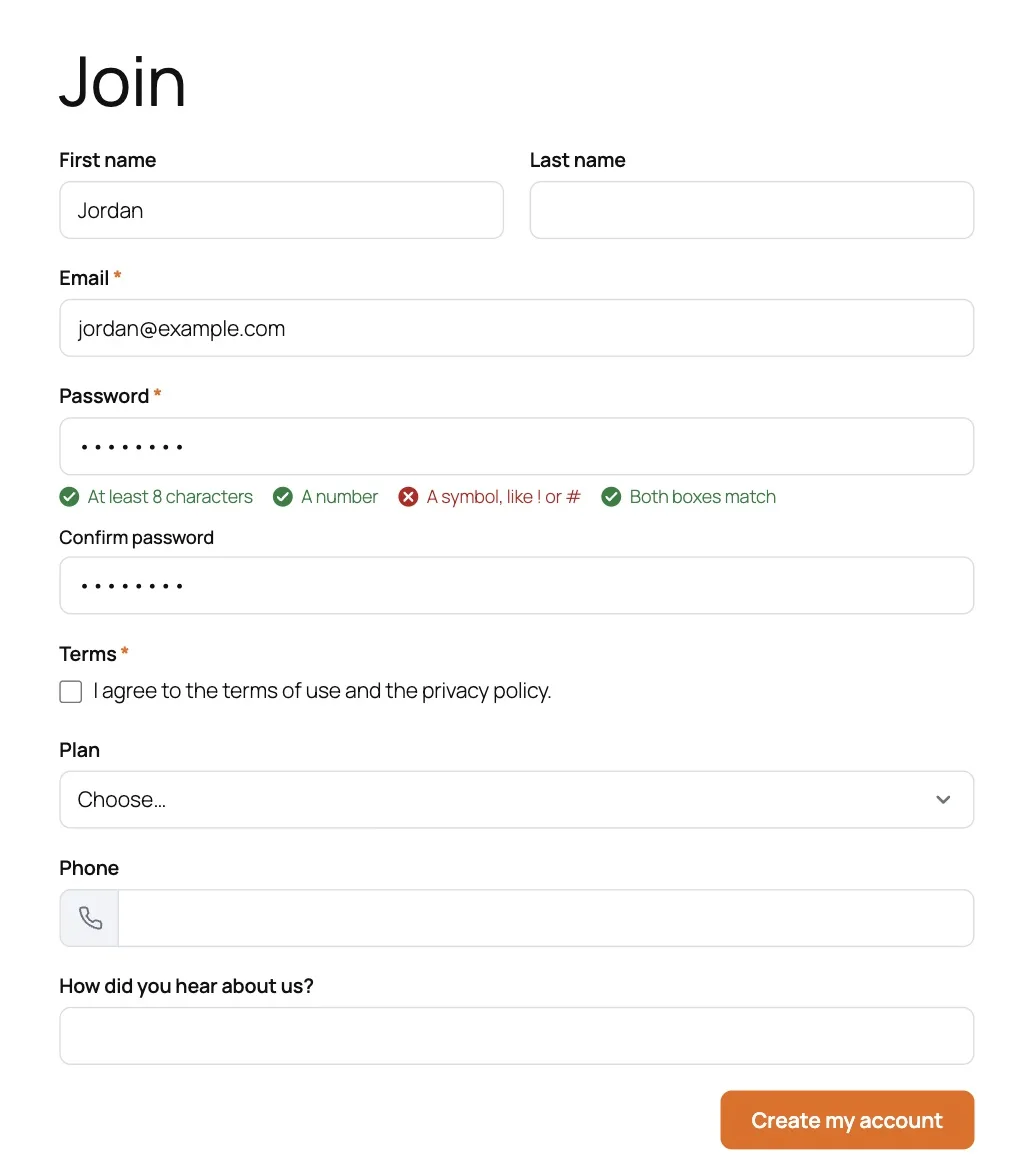 A registration form on the site, with the password checklist turning green as rules are met