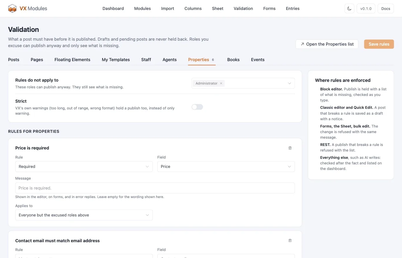The Validation screen — excused roles, strict mode, and the rules for Properties
